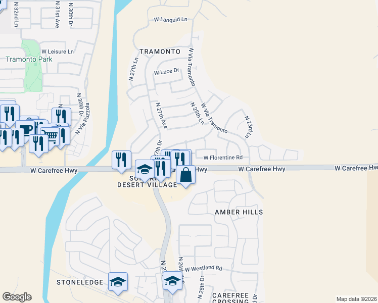 map of restaurants, bars, coffee shops, grocery stores, and more near 2543 West Old Paint Trail in Phoenix