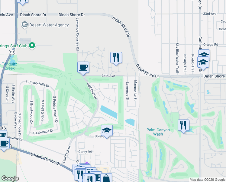 map of restaurants, bars, coffee shops, grocery stores, and more near 6105 Montecito Drive in Palm Springs
