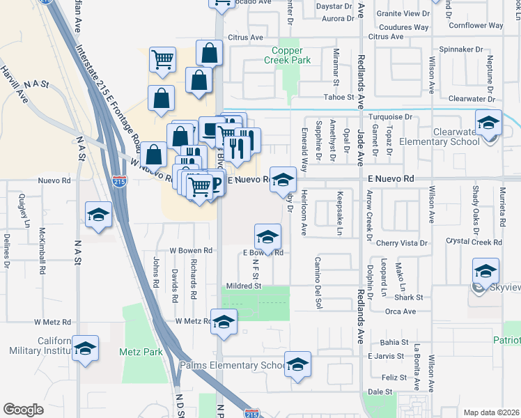 map of restaurants, bars, coffee shops, grocery stores, and more near 175 East Nuevo Road in Perris