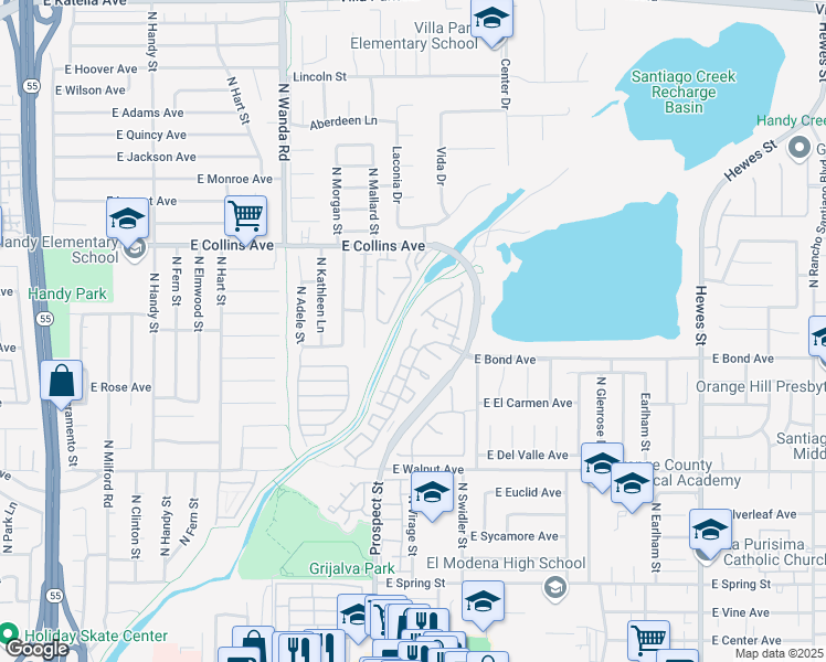 map of restaurants, bars, coffee shops, grocery stores, and more near 3418 East Lambeth Court in Orange