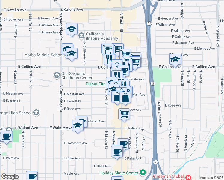 map of restaurants, bars, coffee shops, grocery stores, and more near 740 North Shattuck Place in Orange
