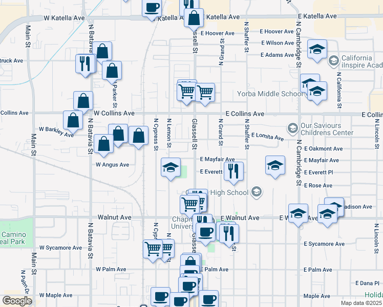 map of restaurants, bars, coffee shops, grocery stores, and more near 736 North Glassell Street in Orange