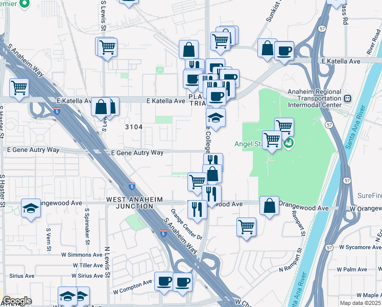map of restaurants, bars, coffee shops, grocery stores, and more near 1910 East Gene Autry Way in Anaheim
