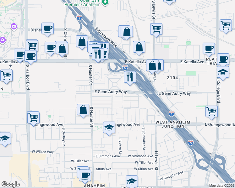 map of restaurants, bars, coffee shops, grocery stores, and more near 319 East Wakefield Avenue in Anaheim