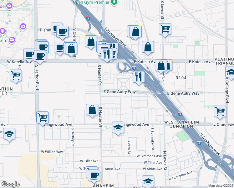 map of restaurants, bars, coffee shops, grocery stores, and more near 147 East Wakefield Avenue in Anaheim