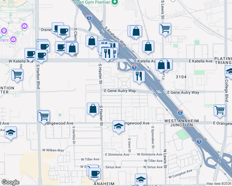 map of restaurants, bars, coffee shops, grocery stores, and more near 147 East Wakefield Avenue in Anaheim