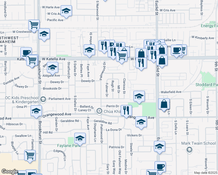 map of restaurants, bars, coffee shops, grocery stores, and more near 11231 Rugh Street in Garden Grove