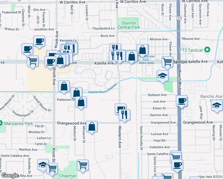map of restaurants, bars, coffee shops, grocery stores, and more near 11239 Dover Way in Stanton