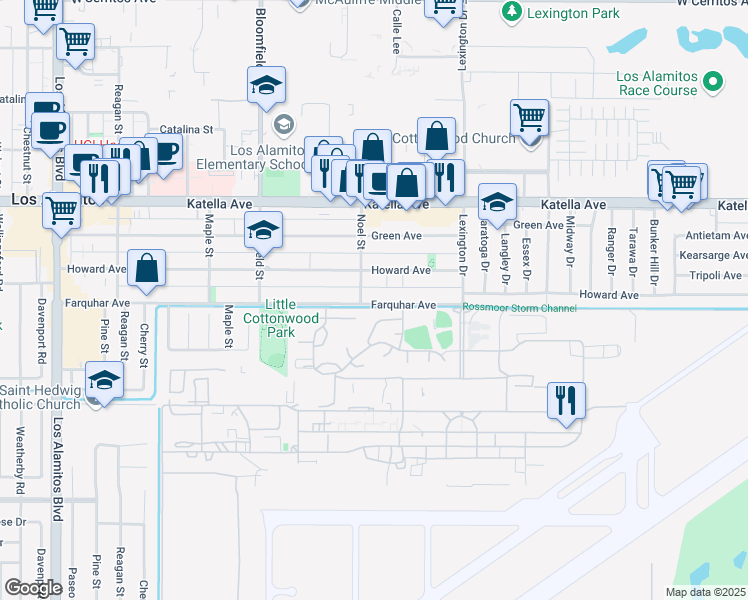 map of restaurants, bars, coffee shops, grocery stores, and more near 4223 Farquhar Avenue in Los Alamitos