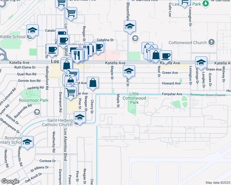 map of restaurants, bars, coffee shops, grocery stores, and more near 3899 Farquhar Avenue in Los Alamitos