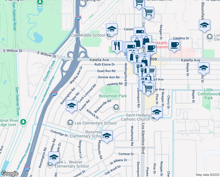 map of restaurants, bars, coffee shops, grocery stores, and more near 3232 Hedwig Road in Los Alamitos