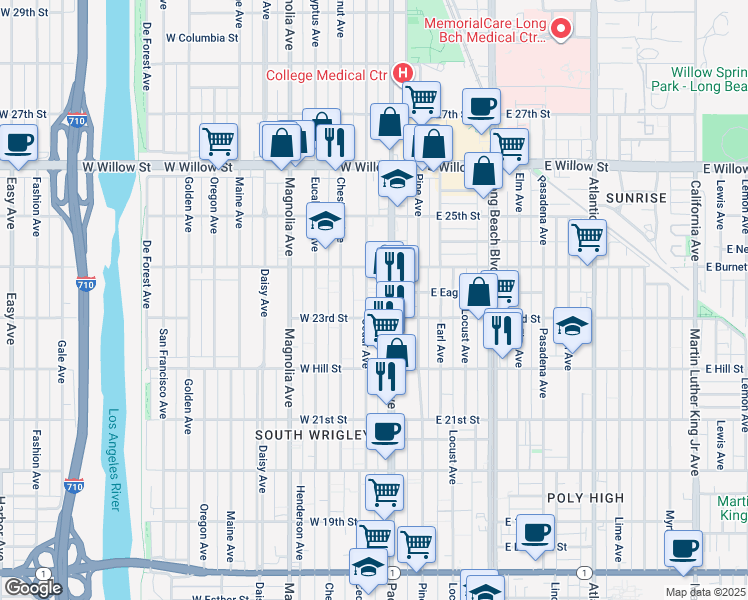 map of restaurants, bars, coffee shops, grocery stores, and more near 2333 Pacific Avenue in Long Beach