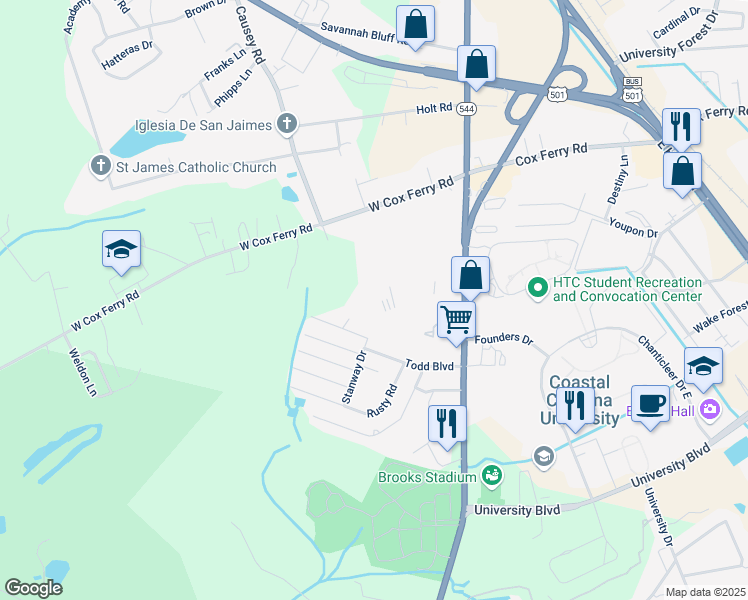 map of restaurants, bars, coffee shops, grocery stores, and more near 617 McKinley Way in Conway