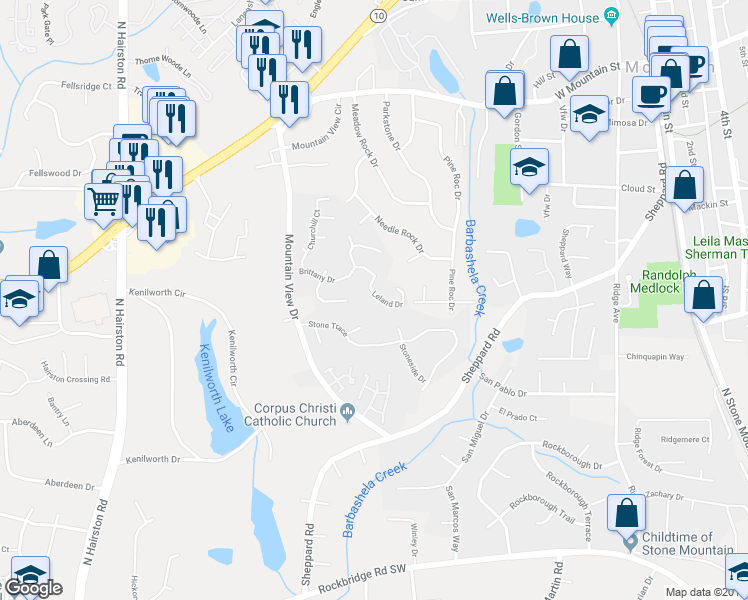 map of restaurants, bars, coffee shops, grocery stores, and more near 5083 Leland Drive in Stone Mountain