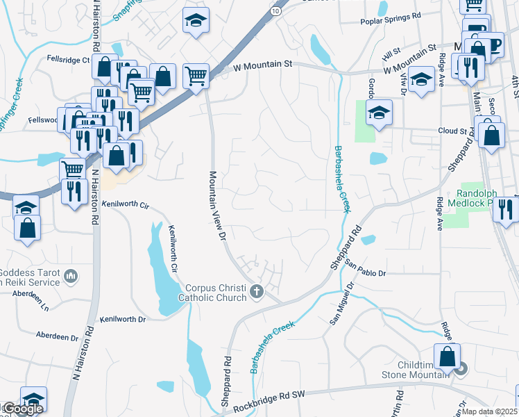 map of restaurants, bars, coffee shops, grocery stores, and more near 728 Brittany Court in Stone Mountain