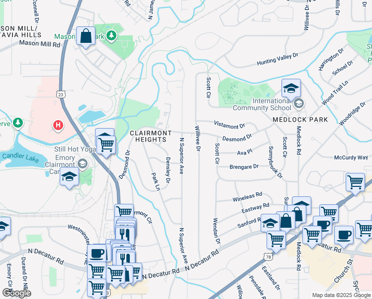 map of restaurants, bars, coffee shops, grocery stores, and more near 765 North Superior Avenue in Decatur