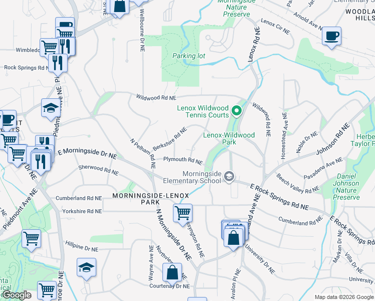map of restaurants, bars, coffee shops, grocery stores, and more near 1644 Merton Road Northeast in Atlanta