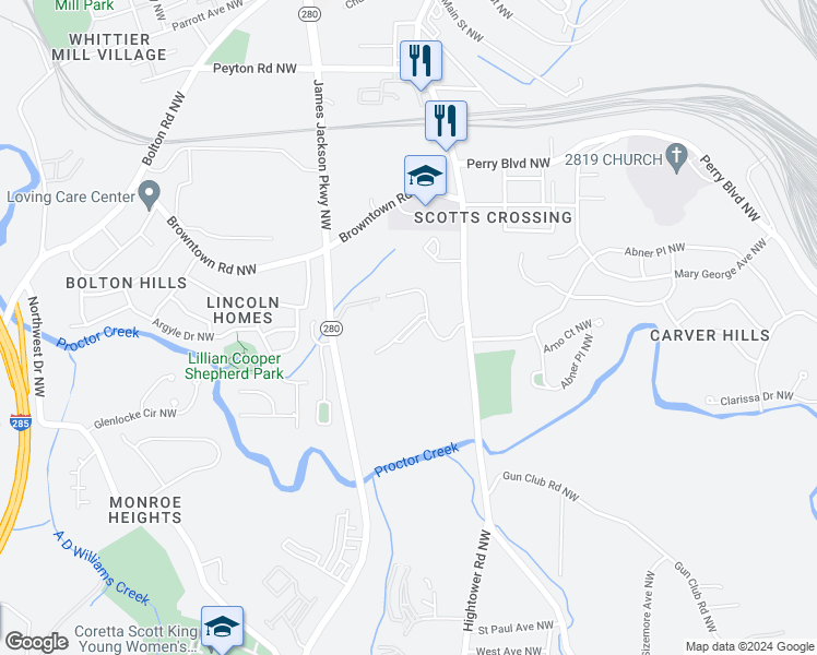 map of restaurants, bars, coffee shops, grocery stores, and more near 1620 Hollywood Road Northwest in Atlanta