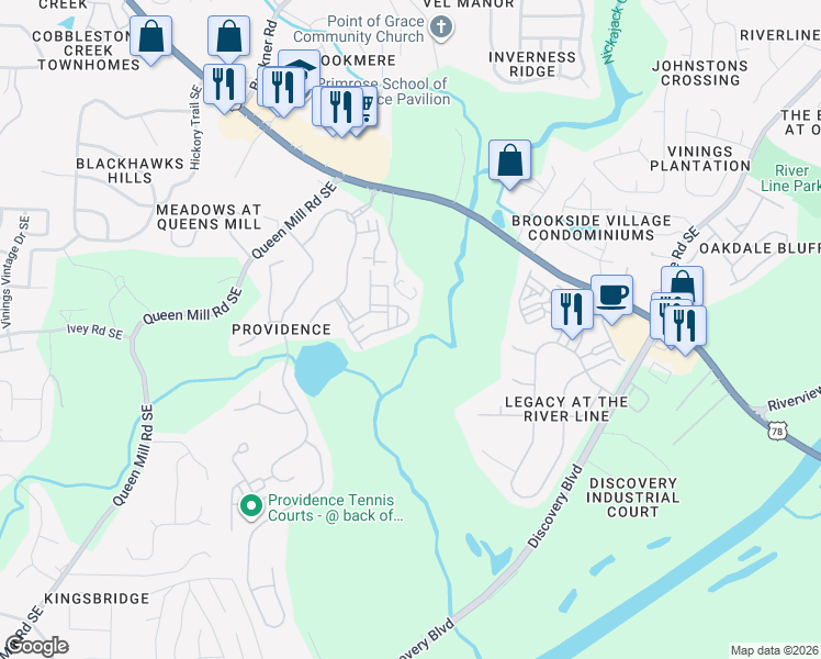 map of restaurants, bars, coffee shops, grocery stores, and more near 6391 Queens Court Trace in Mableton