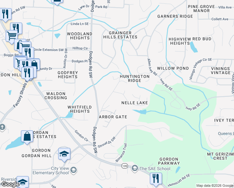 map of restaurants, bars, coffee shops, grocery stores, and more near 46 Nellie Brook Drive Southwest in Mableton