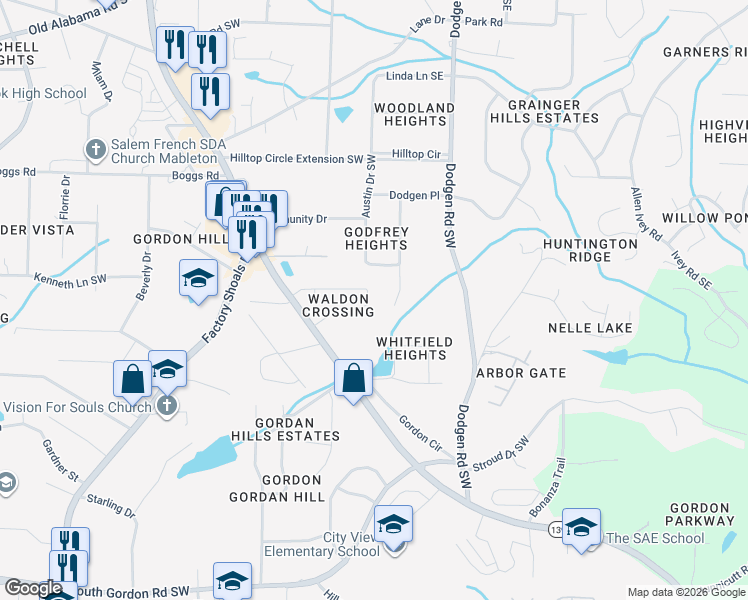 map of restaurants, bars, coffee shops, grocery stores, and more near 370 Twain Circle in Mableton