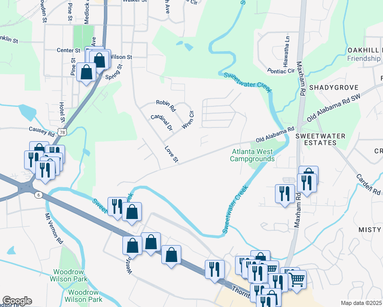 map of restaurants, bars, coffee shops, grocery stores, and more near 2559 Old Alabama Road in Austell