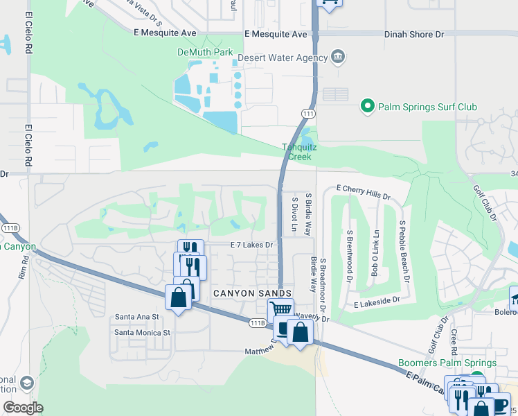 map of restaurants, bars, coffee shops, grocery stores, and more near 148 Eastlake Drive in Palm Springs