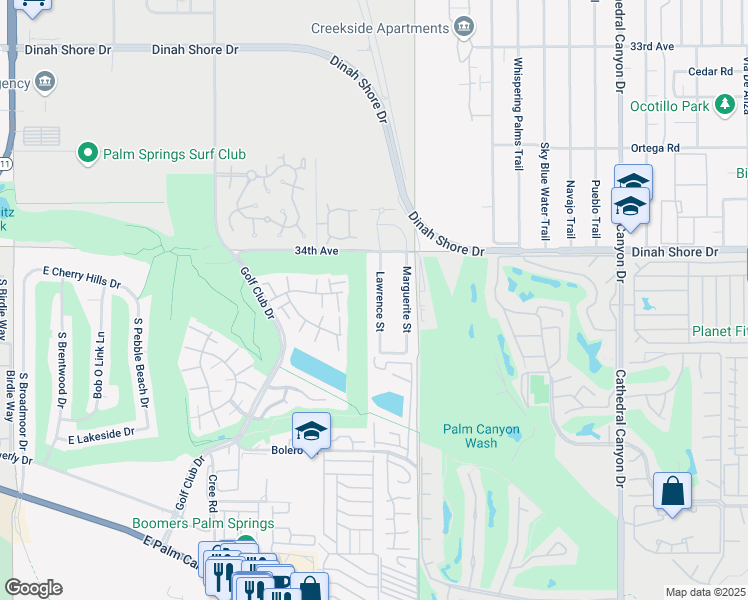 map of restaurants, bars, coffee shops, grocery stores, and more near 1995 Lawrence Street in Palm Springs