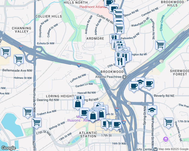 map of restaurants, bars, coffee shops, grocery stores, and more near 1642 Loring Drive Northwest in Atlanta