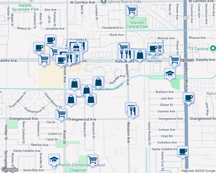 map of restaurants, bars, coffee shops, grocery stores, and more near 11219 Hood Way in Stanton