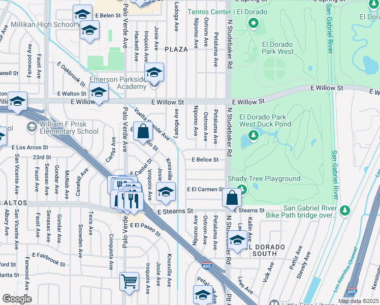 map of restaurants, bars, coffee shops, grocery stores, and more near 6720 East Los Arcos Street in Long Beach
