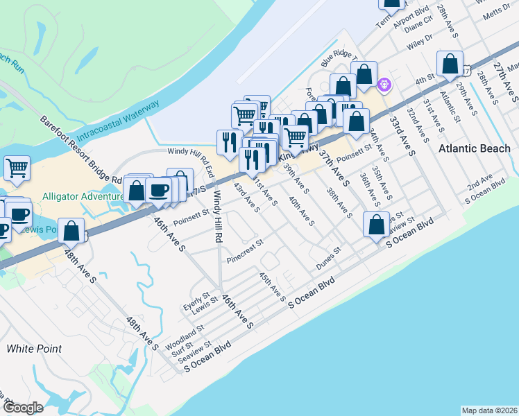 map of restaurants, bars, coffee shops, grocery stores, and more near 705 41st Avenue South in North Myrtle Beach