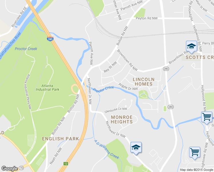 map of restaurants, bars, coffee shops, grocery stores, and more near 2960 Besto Drive Northwest in Atlanta