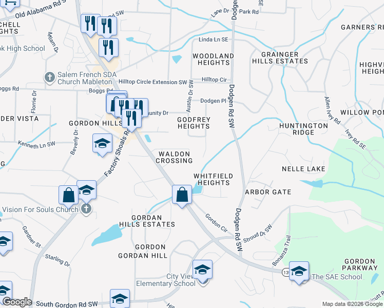 map of restaurants, bars, coffee shops, grocery stores, and more near 370 Twain Circle in Mableton