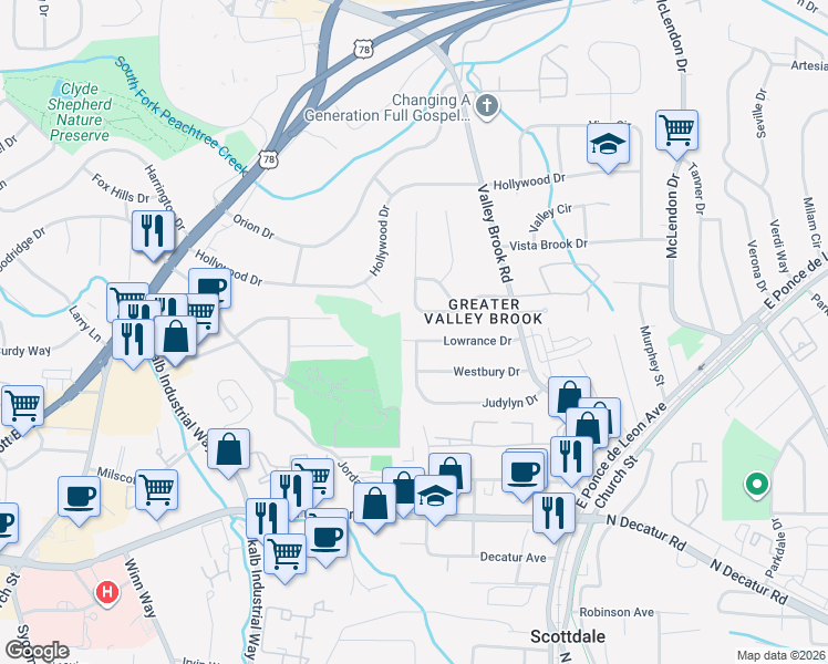 map of restaurants, bars, coffee shops, grocery stores, and more near 2908 Lowrance Drive in Decatur