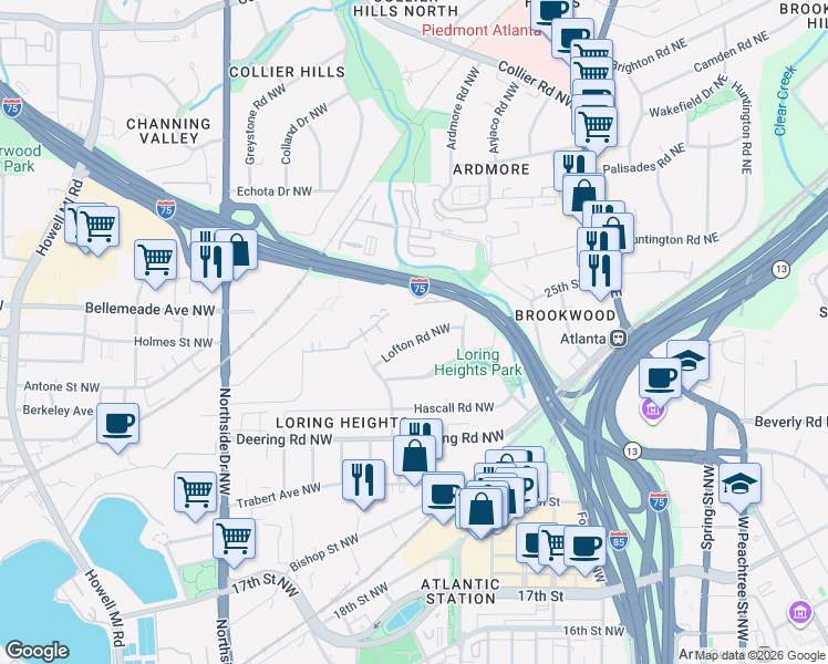 map of restaurants, bars, coffee shops, grocery stores, and more near 385 Lofton Rd NW in Atlanta