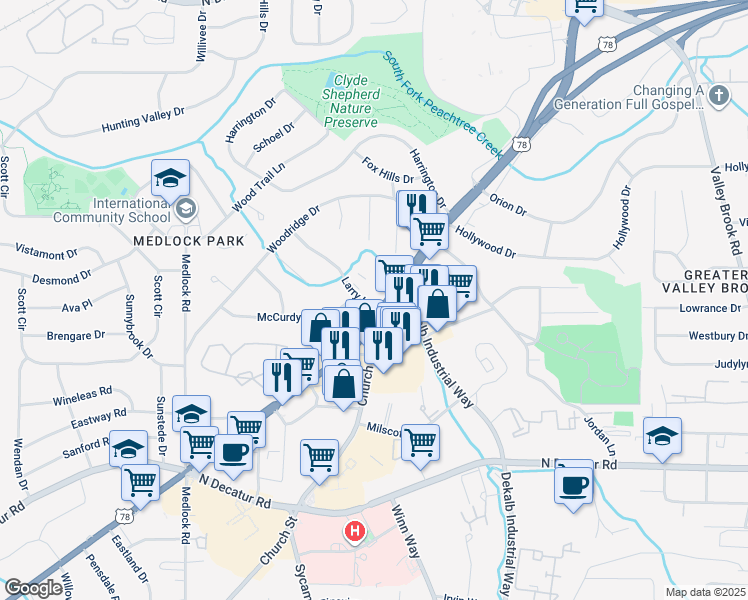 map of restaurants, bars, coffee shops, grocery stores, and more near 1766 Lawrenceville Hwy in Decatur