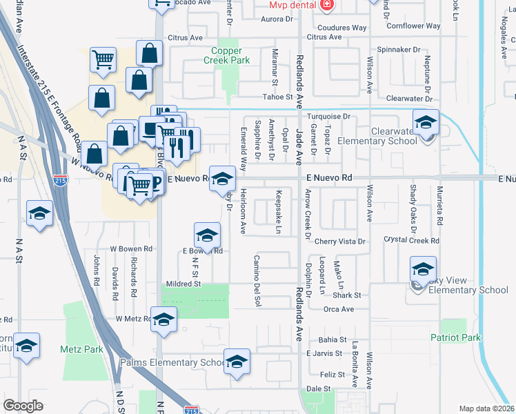 map of restaurants, bars, coffee shops, grocery stores, and more near 1502 Portrait Street in Perris