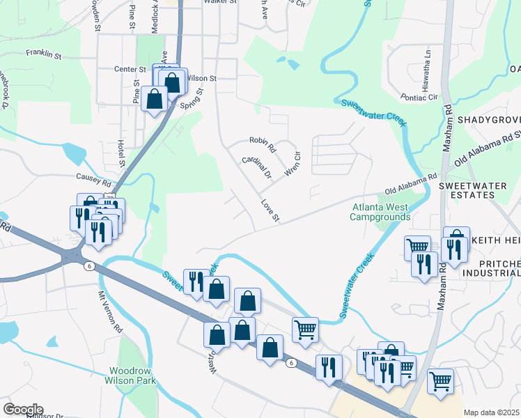 map of restaurants, bars, coffee shops, grocery stores, and more near 6330 Love Street in Austell