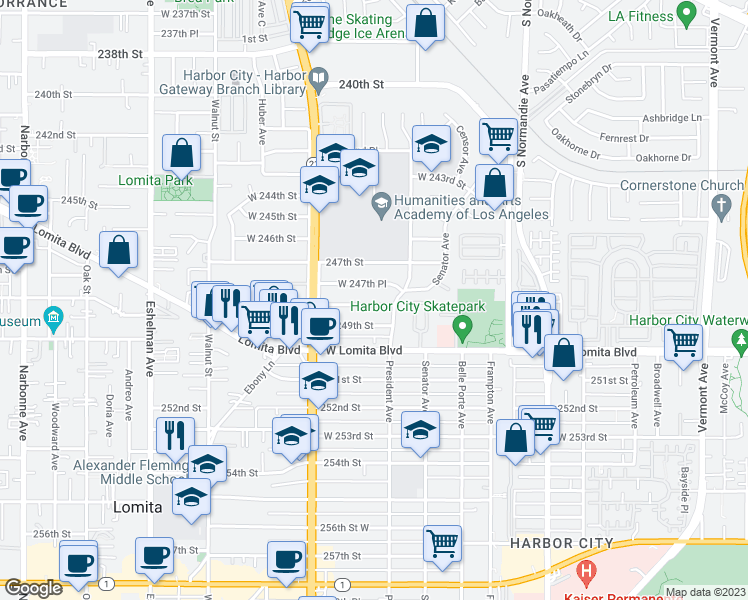 map of restaurants, bars, coffee shops, grocery stores, and more near 1541 248th Street in Los Angeles