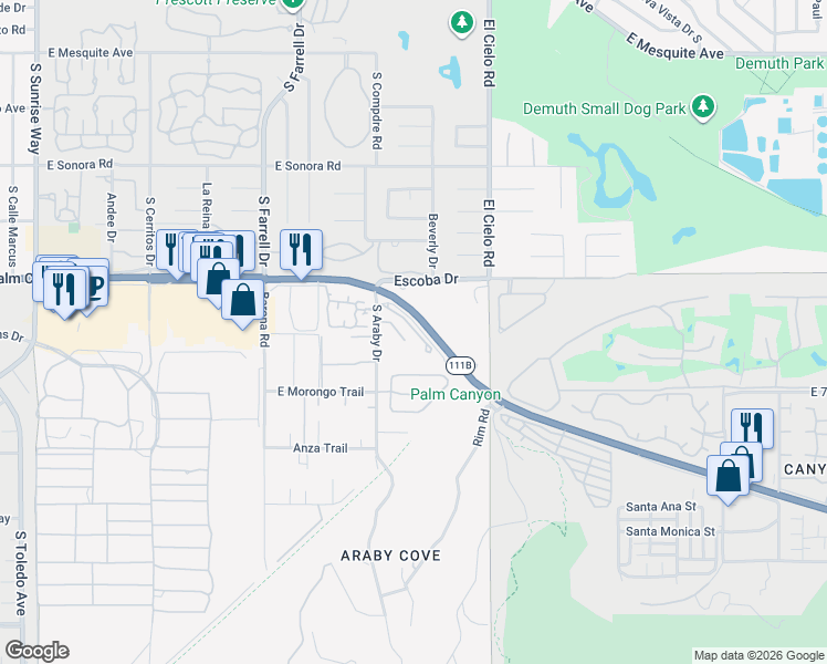 map of restaurants, bars, coffee shops, grocery stores, and more near 1700 South Araby Drive in Palm Springs