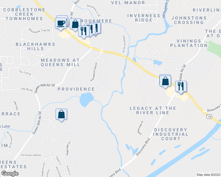 map of restaurants, bars, coffee shops, grocery stores, and more near 6391 Queens Court Trace in Mableton