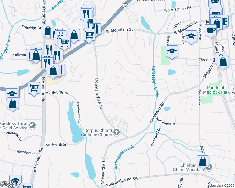 map of restaurants, bars, coffee shops, grocery stores, and more near 728 Brittany Court in Stone Mountain