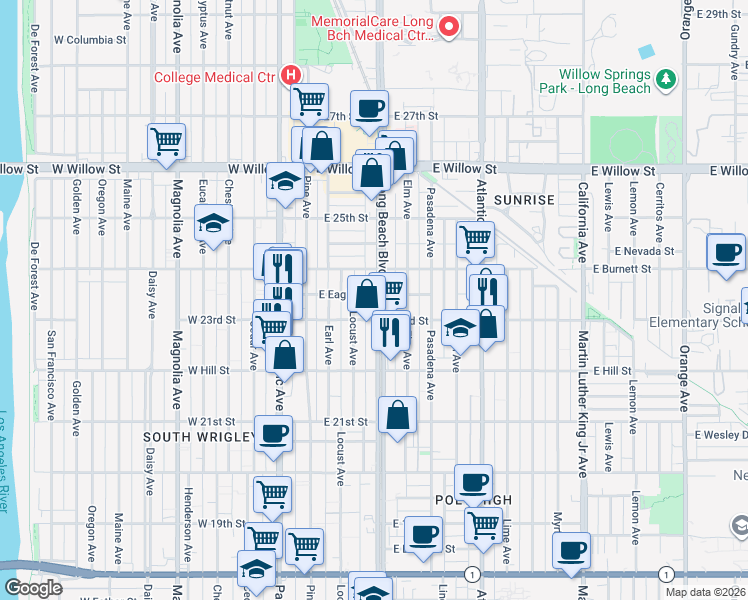 map of restaurants, bars, coffee shops, grocery stores, and more near 2337 Long Beach Boulevard in Long Beach