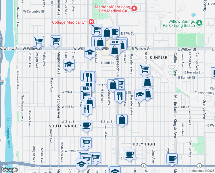 map of restaurants, bars, coffee shops, grocery stores, and more near 154 East Eagle Street in Long Beach