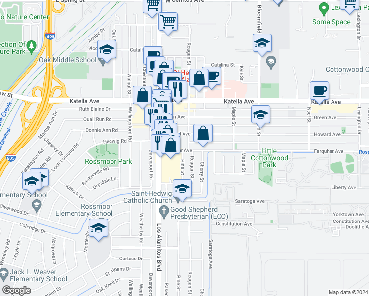 map of restaurants, bars, coffee shops, grocery stores, and more near 3641 Farquhar Avenue in Los Alamitos
