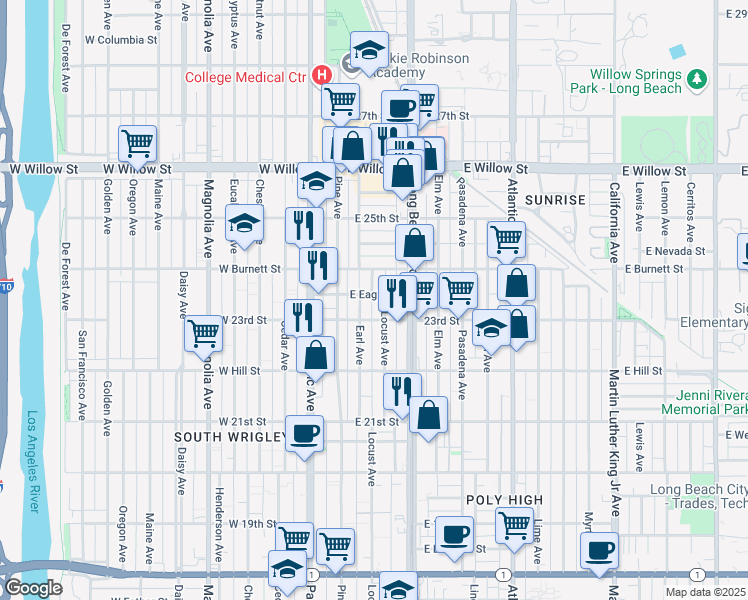 map of restaurants, bars, coffee shops, grocery stores, and more near 154 East Eagle Street in Long Beach