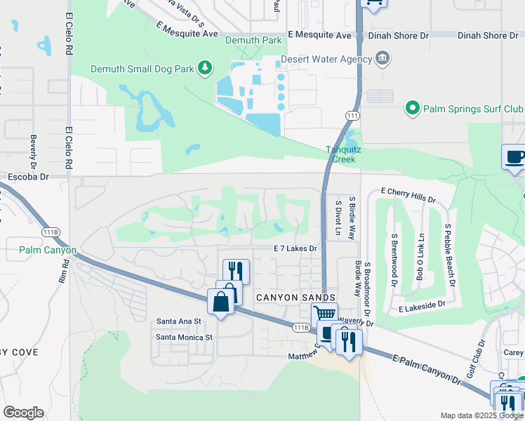 map of restaurants, bars, coffee shops, grocery stores, and more near 80 Lakeview Drive in Palm Springs