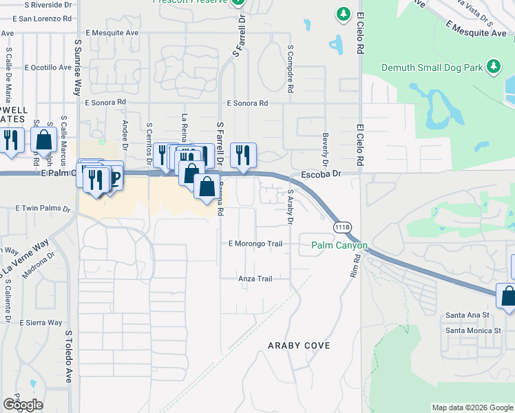map of restaurants, bars, coffee shops, grocery stores, and more near 2701 Pintura Circle East in Palm Springs