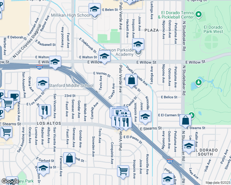 map of restaurants, bars, coffee shops, grocery stores, and more near 2306 Carfax Avenue in Long Beach